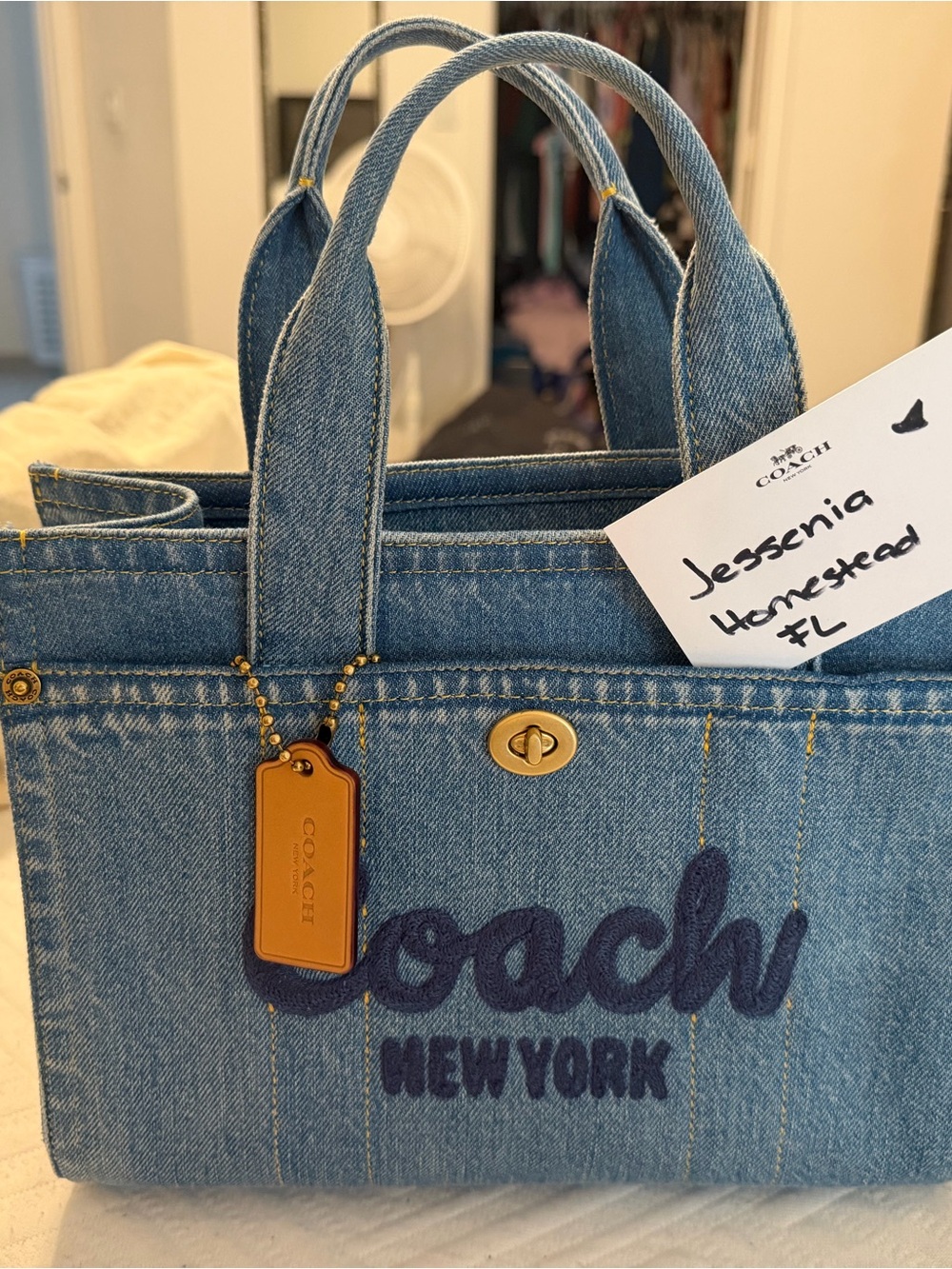Coach Denim Tote Bag with Embroidered Logo - Blue
